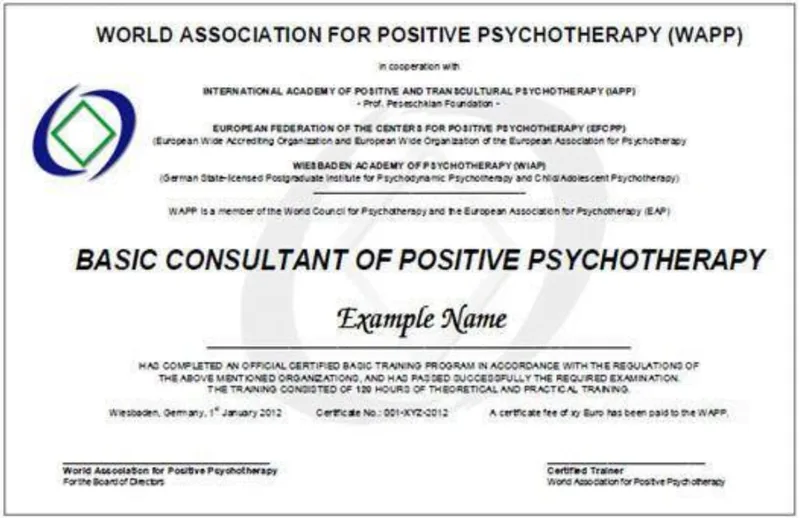 Зразок сертифіката WAPP Basic Consultant of Positive Psychotherapy